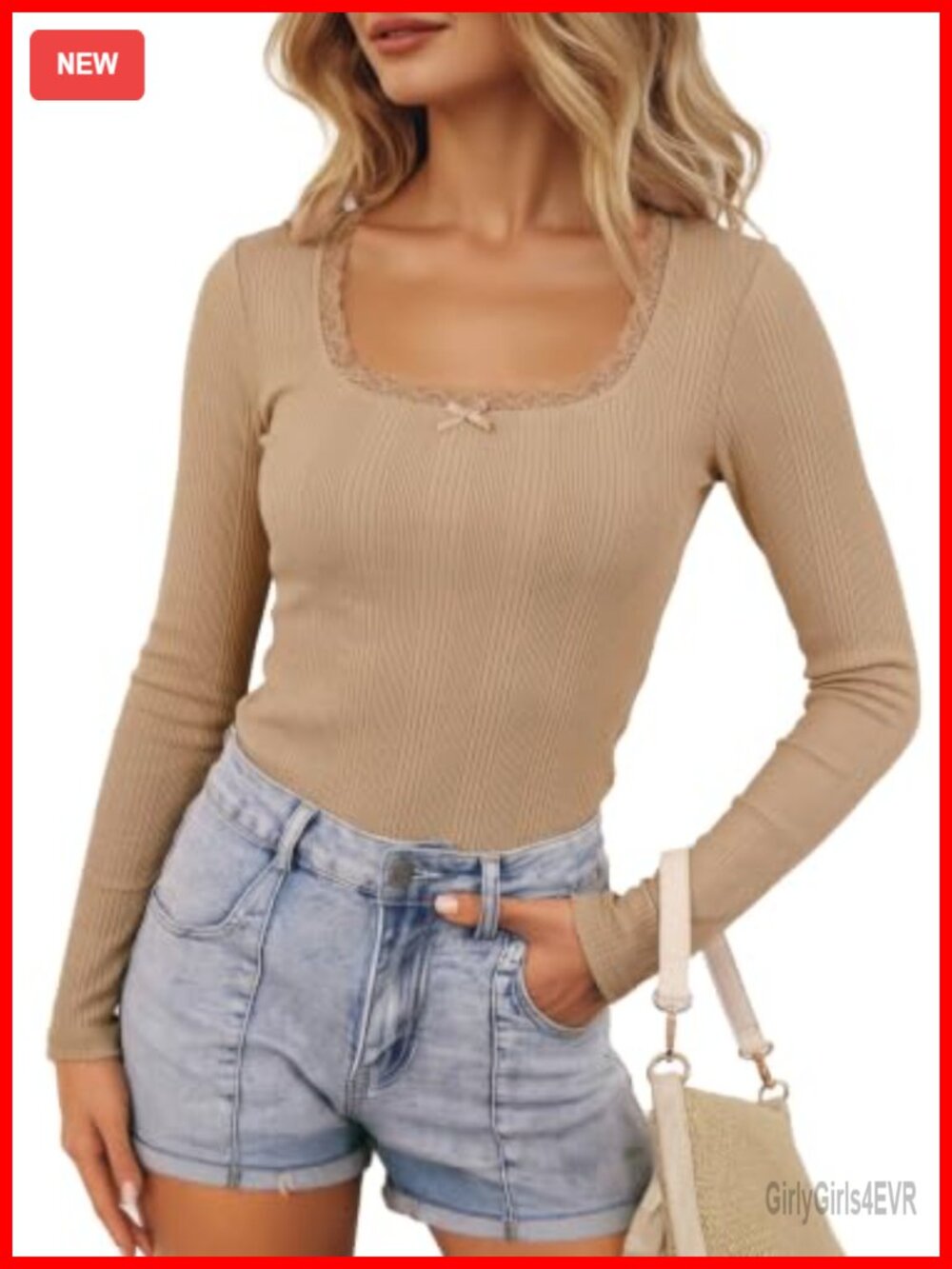 Long Sleeve Lace Square Neck Slim Fit Ribbed Knit Top